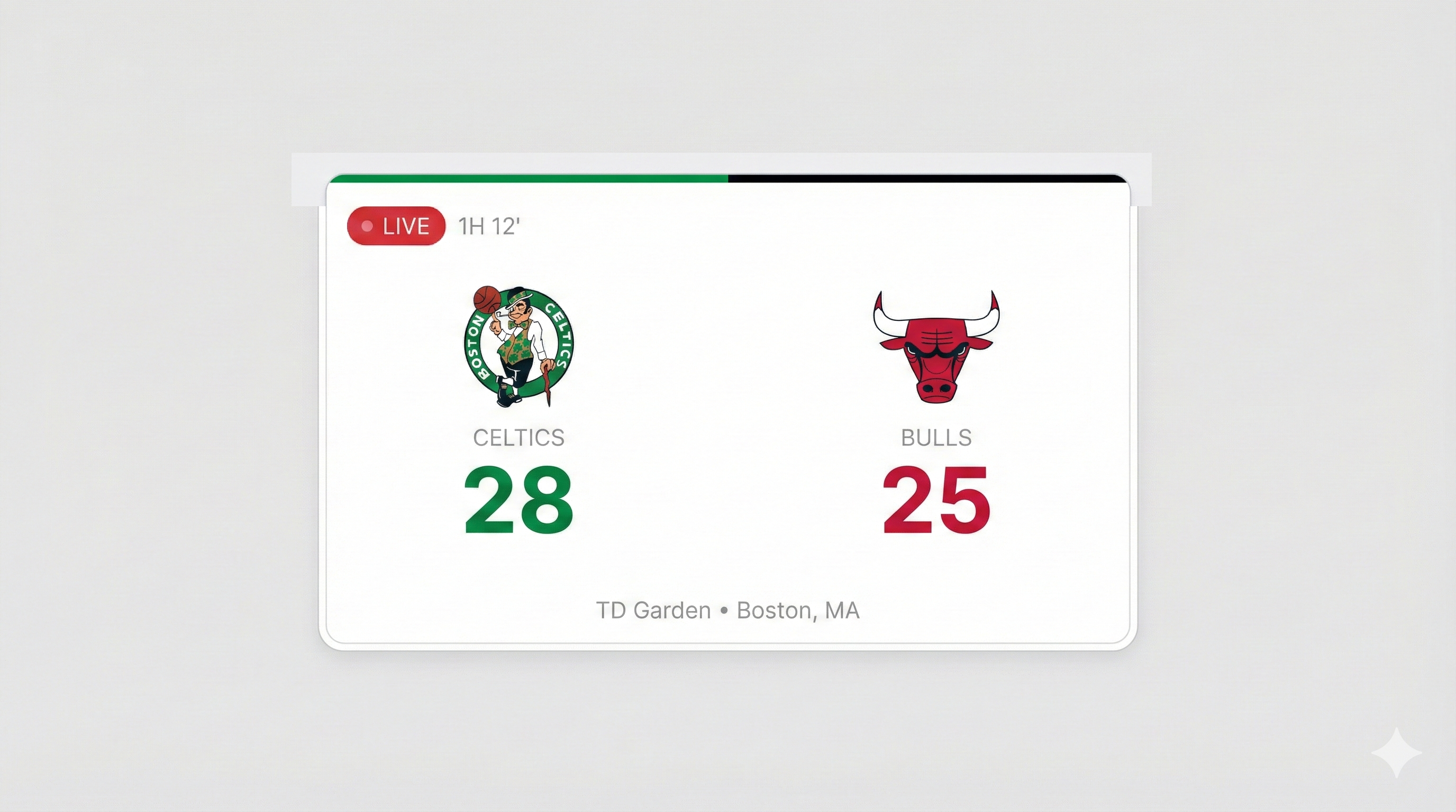 Live state — real-time score with LIVE badge and period